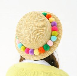 New women hand made Pom pom round straw sun hat flat top Beach Cap for lady