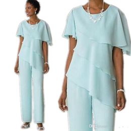 Vintage Mother of the Bride Pant Suits Simple Design Sky Blue Long Chiffon Trousers Plus Size Mothers Gowns