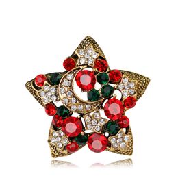 New Christmas Jewelry Multicolor Crystal Pentagram Brooches Antique Gold Alloy Rhinestone Star Brooch Costume Pins XMAS Gifts for Kids