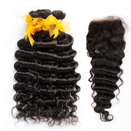 Malaysian Virgin Hair Deep Wave With Closure 8A Unprocessed Curly Human Hair Weaves 3 Bundles And 1Pcs Top Lace Closures Natural Black Wefts