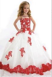 White And Red Flower Girls Dresses For Wedding Tulle Lace Applique Sheer Neckline Beaded Ball Gown Kids Children Girls Party Pageant Gowns