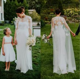 Vintage New Two Pieces With Wrap Sheer Lace Cape Chiffon Wedding Gowns Country Style Beach Garden Bridal Dresses