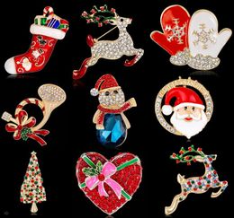 Christmas Gold Brooches Pin Santa Claus Deer Christmas Tree Sock Small Speaker Snowman Mix Crystal Quality Brooch Jewellery for Kids Women