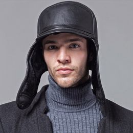 Wholesale-DL-10603 Wholesale-New 2016 Winter Hats For Men leather Warm Fur Hat  Cap With Ear Flaps Russian Hat Men Leifeng Beanies