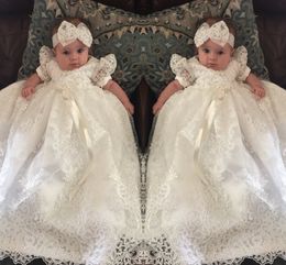 Pearl Appliques Flower Girls Dresses Jewel Neck Ribbon Ruched Short Sleeve Zipper Girls Gowns Ivory Floor Length Organza Baby Girls Dresses