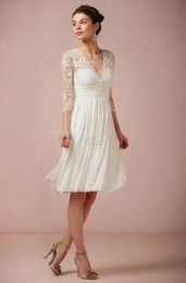 3/4 Long Sleeve Short Beach Lace Wedding Dresses With V-Neck Ruffles Knee Length Empire Backless Chiffon Summer Bridal Gowns New Fashion