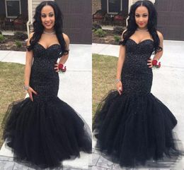 Luxury 2k17 Prom Dresses Sweetheart Mermaid Long Floor Length Black Crystal Beaded Tulle Special Evening Dress Party Pageant Formal Gowns