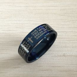 Blue men english bible ring 8mm 316 Titanium Steel cross Letter prayer bible wedding band the lord of the ring men women