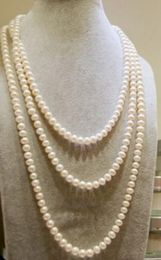 Gorgeous 8-9mm natural south seas white pearl necklace 48inch 14k gold clasp