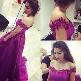 with Evening Purpule A-line 3d-applique Prom Dresses Off Shoulder Back Zipper Peplum Custom Made Tiered Ruffle Formal Party Gowns