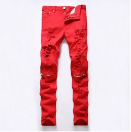 2016 Nueva Red Ripped Knee Hole Club Jeans Hombres Famous Brand Slim Fit Cut Destroyed Torn Jean Pantalones para hombre