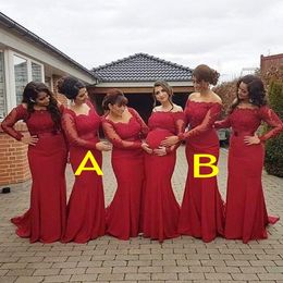 Dark Red Plus Size Bridesmaid Dresses With Lace Illusion Long Sleeves Off Shoulder Mermaid Maid Of Honor Gowns For Wedding Women Formal Wear