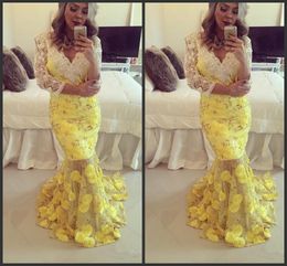 2022 Golden Beadings Evening With Long Sleeves Appliques Yellow Formal Dress Deep V Neck Mermaid Style Prom Dresses Red Carpet Dresses