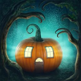 Big Pumpkin House with Windows Halloween Photo Backdrops Spiderweb Trunks Fairy Tale Forest Children Photography Backdrop Kids Backgrounds