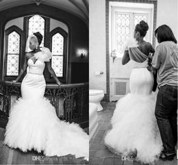 African New Mermaid Wedding Dresses 2016 Hot One Shoulder Tulle Tiered Ruffles Belt Plus Size Court Train Custom Wedding Dress Bridal Gowns