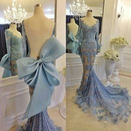 African Lace Prom Dresses Mermaid Style Sheer Neckline Jewel Backless Sexy Long Sleeves Evening Dress Long Big Bow Celebrity Party Gown