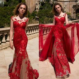 Stunning Red Mermaid Lace Dresses Evening Wear Sheer Jewel Neck Overskirt Prom Gowns Sweep Train Custom Made Tulle Formal Dress