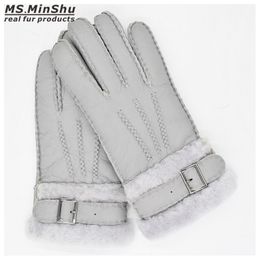 Women Mittens Sheepskin Fur Mittens Adult Leather Gloves Winter Gloves 100% Genuine Sheepskin Fur Mitts Girls Gloves MS.MinShu