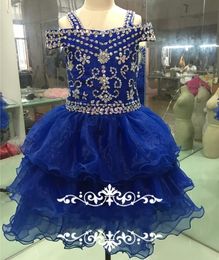 Lovely Royal Blue Crystals Girls Pageant Dresses Little Girls Ball Gowns Mini Ruffles Organza Princess Puffy Ritzee Girl Dress