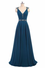 2017 Sexy V-Neck Backless A-Line Formal Evening Dresses With Appliques Chiffon Floor-Length Plus Size Prom Party Celebrity Gowns BE18