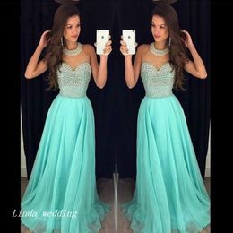 Aqua Green Prom Dress Floor-Length Long Beaded Chiffon Women Wear Special Occasion Dress Evening Party Dress