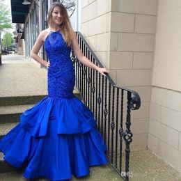 Beads Royal Blue Mermaid Prom Dresses 2017 Beaded Lace Party Dresses robe de soiree longue maxi dress Graduation Dress 8th Grade Halter