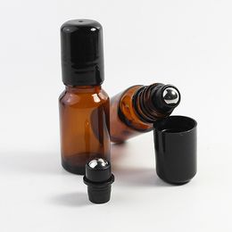Thickest 768Pcs/Lot 10ml 1/3oz AMBER Glass Roll On Bottle Essential Oil Empty Aromatherapy Perfume Bottle + Metal Roller Black Holder