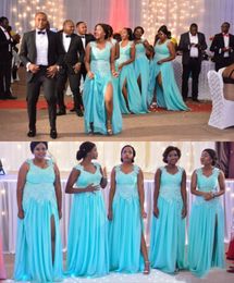 Light Blue Chiffon Long Bridesmaid Dresses Lace Applique Straps Pleats Size Split Maid Of Honour Gowns Plus Size Wedding Guest Party Dresses