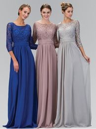 Silver Modest Bridesmaid Dresses Long With Short Sleeves Lace Chiffon Floor Length 3/4 Sleeves Modest Country Bridesmaids Dresses Sale