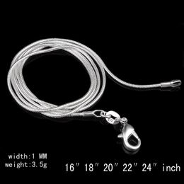 Wholesale 16--34 inches 1MM Smooth snake Chains 925 Sterling silver Lobster clasp Necklaces For women Jewelry DIY accessories