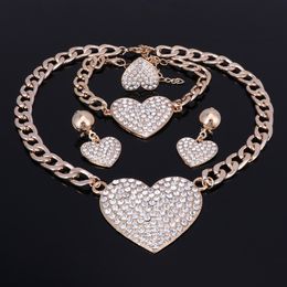 Women Jewelry Sets Romantic Heart Love Crystal Statement Chokers Necklace Earring Ring Set For Bridal Gold Color Wedding Dress281r