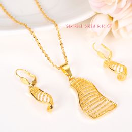 Women Fashion gift Jewelry set Necklace plain sailing Earrings Pendant Wedding sets 24k Real Yellow Solid Fine Gold GF long hang