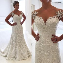 Mermaid New Modest Dresses Full Lace Appliqued Trumpet Bridal Gowns Sheer Neck Cheap Plus Size Wedding Dress