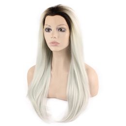 24" Long Ombre Dark Root Light Blue Silky Straight Half Hand Tied Heat Resistant Synthetic Fibre Lace Front Fashion Wig S02