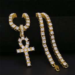 Gold Silver Ankh Egyptian Jewellery Hip Hop Alloy Pendant Bling Rhinestone Crystal Key To Life Egypt Cross Necklace Chain