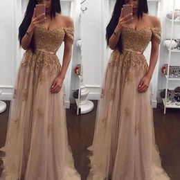 Champagner Gold Applique Perlen Abendkleid Schatz A-Line Tulle Prom Party Kleid Vintage Sweep Zug Formale Anlässe Tragen