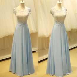 2017 Real photo Ivory Sheer Neck Beaded Appliqued Top Light Blue Chiffon Skirt Prom Party Dresses Long Cheap Custom Made EN8251