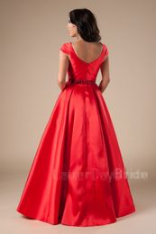 New Long Red A-line Modest Pom Dresses With Sleeves Pockets Satin Simple Elegant Teens Girls Formal Prom Party Gowns Custom Made F203B