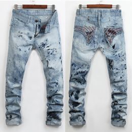 Wholesale- New Brand Men Fashion Embroidered Flares Jeans European and American Luxury Designer Vintage Jeans Slim Straight Denim Jeans