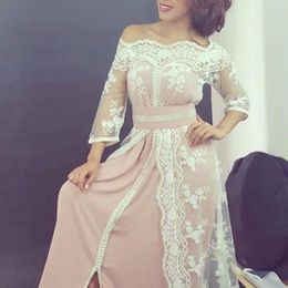 Elegant Boat Neck Lace Muslim Long Evening Dresses Dubai Moroccan Kaftan Dress Three Quarter Sleeve Prom Dress Real Sample Party Gowns