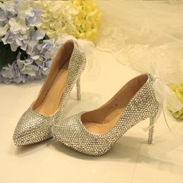 Newest Designer Silver Colour Pointed Toe 4 Inches High Heels Bridal Wedding Shoes Stiletto White Lace Bowknot Women Shoes