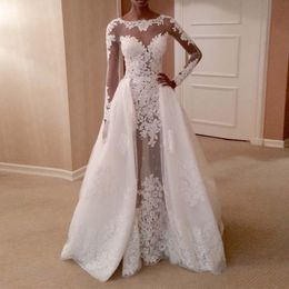 Sexy See Through Back Long Sleeve Detachable Train Mermaid Wedding Dress Sheer Neck Appliques Lace Bridal Gowns Vestidos De Novia