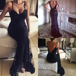 Sexy Backless Black Lace Long Party Prom Dresses Open Back Spaghetti Mermaid Evening Party Gowns Sequined Fitted Occasion Dress Club Wear