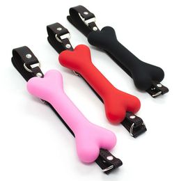 sex massagerCute Solid Leather Harness Mouth Silicone Dog Bone Ball Gag BDSM Mouth Plug Couples Flirting Sex Products For Women