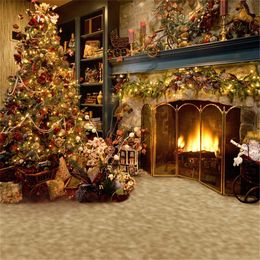 Indoor Fireplace Photography Backdrops Christmas Tree Decorated Family Gifts Children Kid Holiday Studio Photo Shoot Background Vinyl Fabric