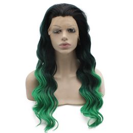 S06 24" Long Ombre Black Green Two Tone Wig Heat Friendly Synthetic Hair Lace Front Wig