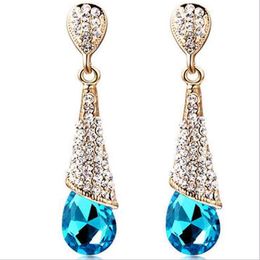Fashion Korean Dangle Chandelier Earings Blue Red Crystal Stone Bridal Waterdrop Heart Stud Earrings for Wedding Engagement Low Price