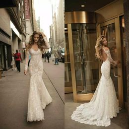 Berta Mermaid Wedding Dresses Long Sleeve Sweep Train Wedding Gown Sexy V Neck Lace Applique Bohemian Bridal Dress