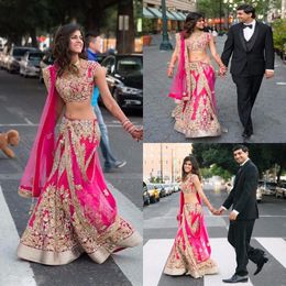 2K17 Indian Two Pieces Evening Dresses With Gold Applique Hot Pink Prom Gowns Tulle Custom Made Formal Party Gowns Vintage Sexy 2017