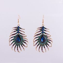 2017 new Trendy Multicolor Rhinestone Peacock Feather Shape Gold Color Zinc Alloy New Designer Drop Earrings free shipping